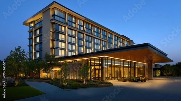Fototapeta Contemporary hotel building with a sleek design and large glass windows.