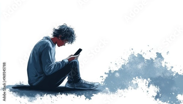 Fototapeta Teenage Mobile Phone Addiction and Loneliness Concept - Hand-Drawn Style Illustration of Depressed Teen with Insomnia on Floor