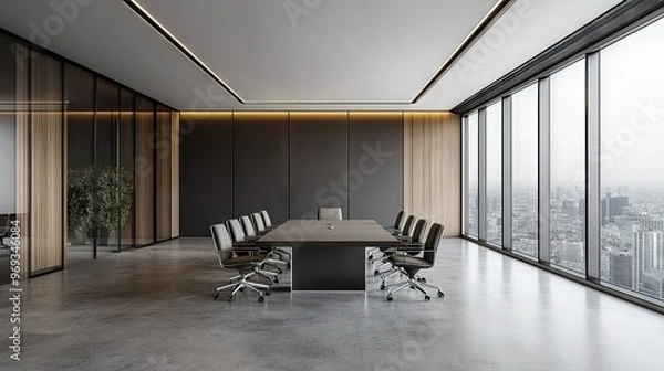 Fototapeta Empty boardroom with a large conference table and modern chairs, focusing on sleek, professional design. Ideal for representing corporate settings.