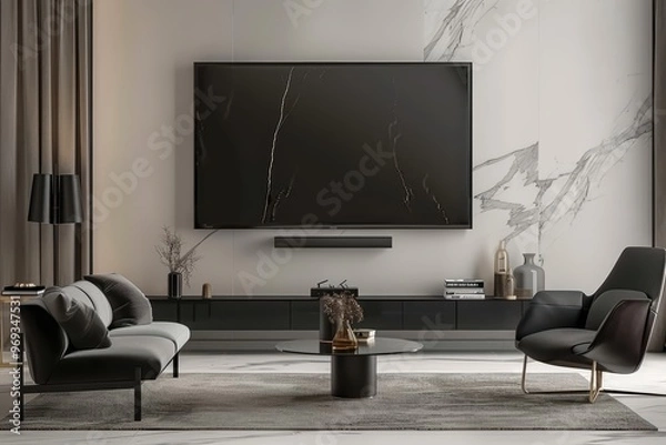 Fototapeta Stylish living room featuring modern furniture, sleek television, and elegant decor in a minimalist design.