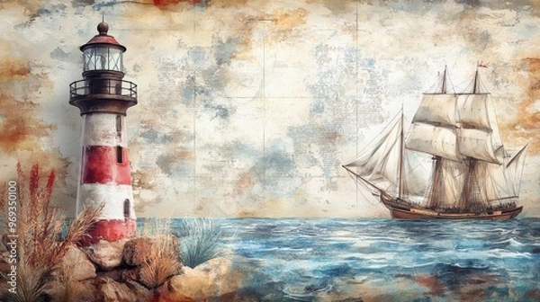 Obraz Nautical Adventure Exploration with Spyglass, Compass and Lighthouse Watercolor Illustration Set, Copy Space for Text