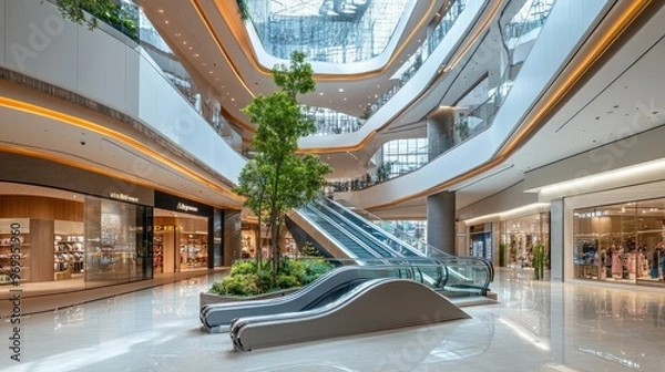 Fototapeta Interior of a contemporary shopping mall with open spaces, natural light, and modern decor.