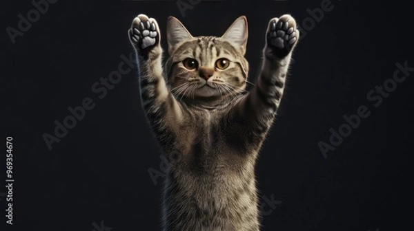 Fototapeta A cat stands up with two front paws up, full body and tail, on transparency background PSD