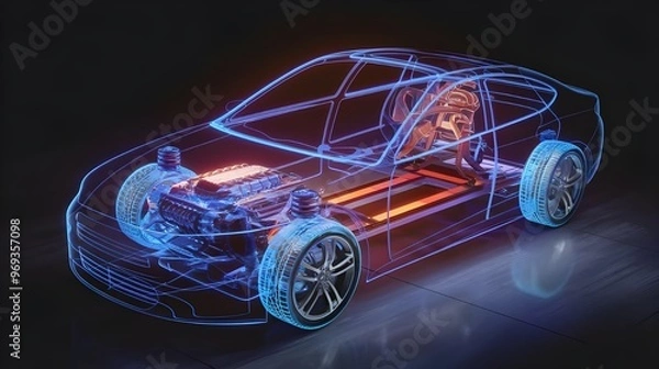 Fototapeta Electric Car Engine Interior Wireframe   D Rendering  Blue And Orange