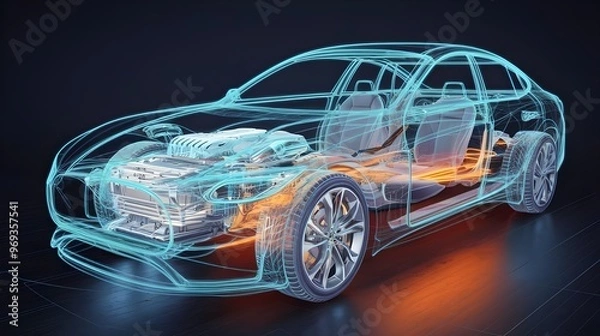 Fototapeta Wireframe Car Model Render  D Illustration