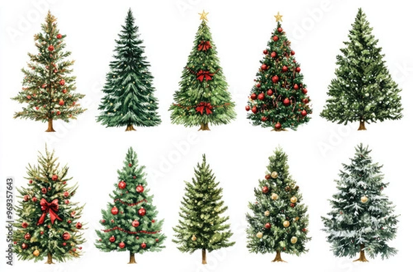 Fototapeta A Series of Decorated Christmas Trees in Various Styles for a Festive Holiday Vibe