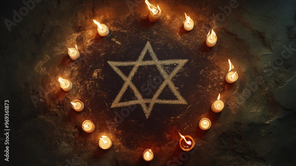 Fototapeta A lit candle is placed in the center of a star of David