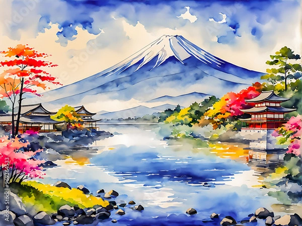 Obraz Watercolor picture of beautiful landscape view Mt.Fuji at Japan.