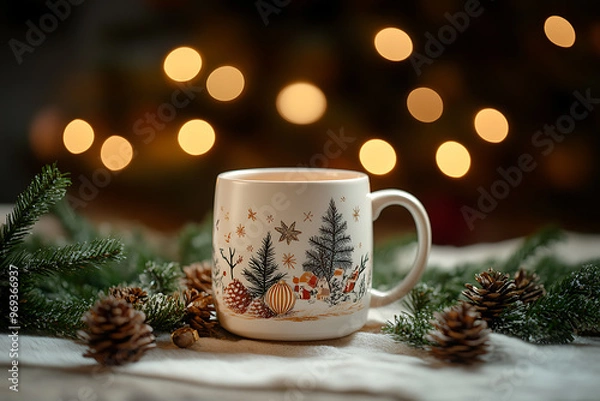 Fototapeta A winter mug with festive decor creates a warm atmosphere, ideal for winter evenings