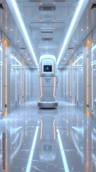 Fototapeta Sleek and Futuristic Corridor with Reflective Flooring and Futuristic Lighting  Modern Minimalist and High Tech Interior Design for a Medical Scientific or Laboratory Setting