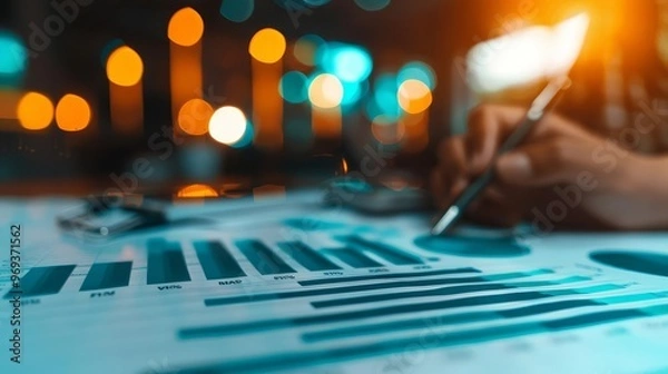 Fototapeta Close-up of a hand analyzing financial charts and graphs.