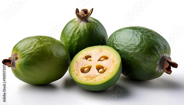 Fototapeta Whole and cut-open feijoa fruit isolated on a white background, ideal for culinary, exotic fruit, and food themes
