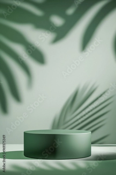 Obraz Matte green empty round podium with soft palm leaf shadow. Product display background with copy space
