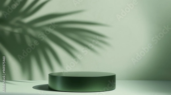 Obraz Matte green empty round podium with soft palm leaf shadow. Product display background with copy space