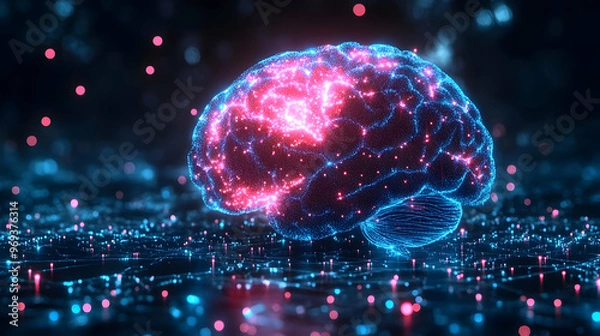 Obraz A digital representation of a brain illuminated with vibrant colors, symbolizing neural activity.