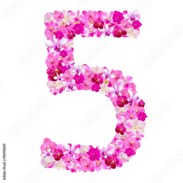 Fototapeta Alphabet number five from orchid flowers isolated on white with