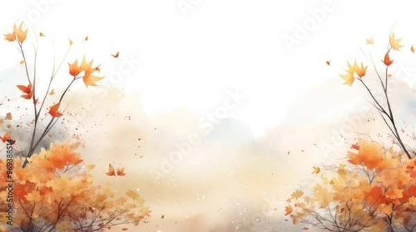 Fototapeta Autumn watercolor frame with vibrant foliage, orange leaves. Background for invitation and greeting card