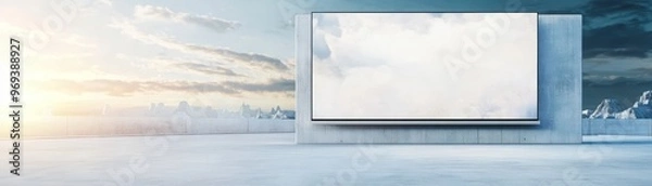 Fototapeta A modern blank billboard in an urban environment, set against a dramatic sky and illuminated by soft sunset light.