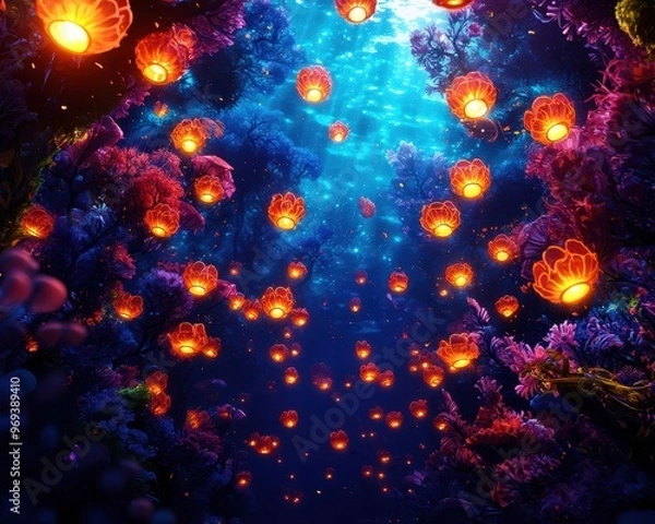 Fototapeta Enchanting underwater scene with glowing lanterns and vibrant coral. A magical ambiance reminiscent of deep-sea wonders and marine fantasy.
