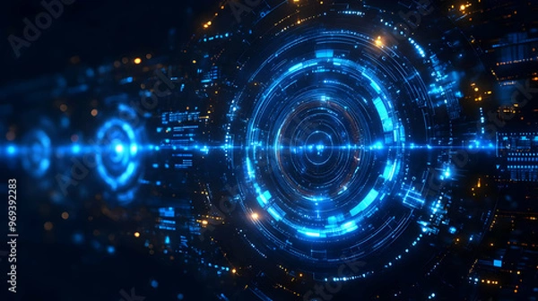 Fototapeta A futuristic digital design featuring glowing blue circles and lines, suggesting technology.