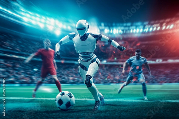 Fototapeta Robots and human compete in a thrilling soccer match in a high-tech futuristic stadium, demonstrating advanced AI and sports technology.
