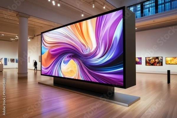 Fototapeta A digital art installation on a giant video wall, where abstract animations react to visitorsâ€™ movements in a modern art museum