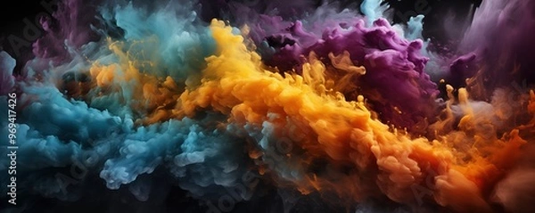 Fototapeta Colorful clouds of smoke in vibrant hues such as blue, yellow, purple, and orange against a dark background. The blend of colors and movement of the smoke creates a dynamic and abstract artwork