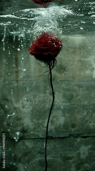 Obraz A solitary red rose submerged in water, creating a serene and contemplative atmosphere with droplets glistening on its petals.