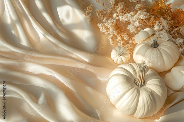 Fototapeta White pumpkins and dried flowers on soft, flowing satin fabric, fall modern background with copy space
