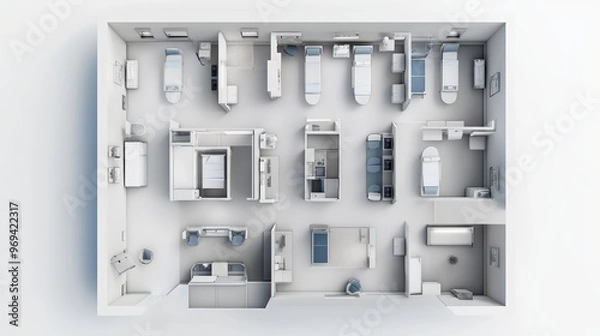 Fototapeta Aerial view of a modern clinic interior with professional layout, clean design, and well-arranged medical equipment.