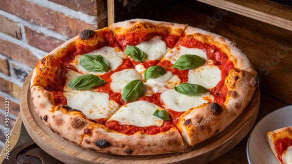 Fototapeta A photo of a pizza with a golden-brown crust. The pizza has a vibrant red sauce and is topped with fresh mozzarella cheese and green basil leaves. The pizza is sliced and served on a wooden platter.