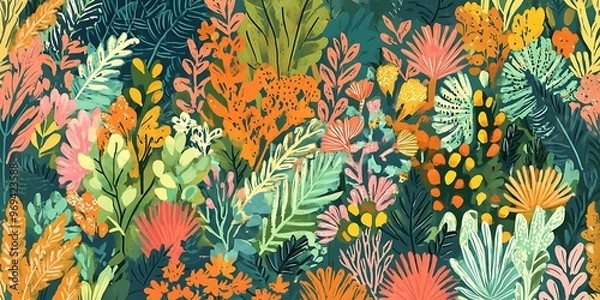 Fototapeta Seamless pattern tile background featuring colorful flowers, floral leaves, and plants, floral,