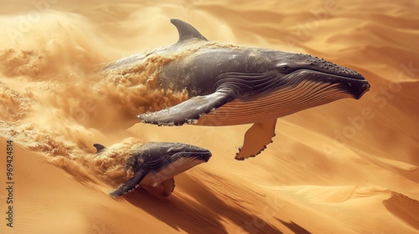 Fototapeta Surreal image of two whales seemingly swimming through golden desert sand dunes, blending nature and fantasy in a striking visual.
