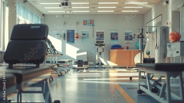 Obraz Bright and spacious physical therapy room with exercise equipment for rehabilitation and wellness