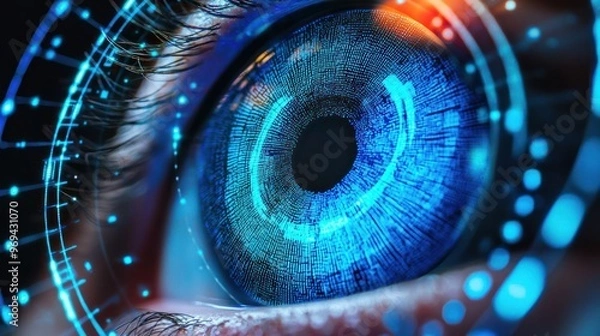 Fototapeta Vibrant blue eye with intricate digital circuitry overlay.