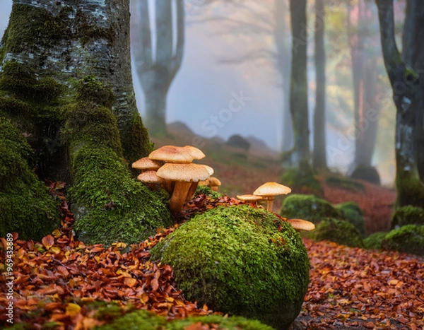 Fototapeta Mushrooms growing on moss-covered stones in the misty forest, surrounded by ancient trees and colorful foliage, creating an enchanting woodland scene