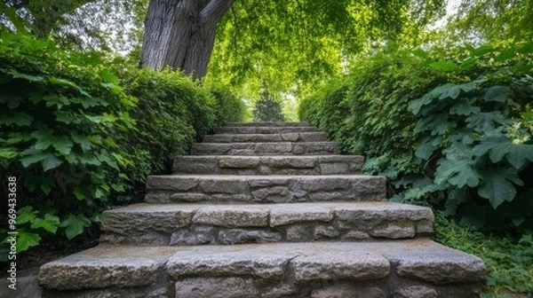 Fototapeta Looking up at well worn caved stone steps in public park leading upwards through big trees and bushes