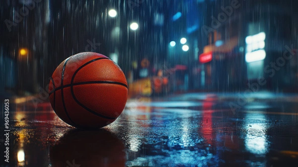 Fototapeta Basketball on wet street with neon reflections nighttime