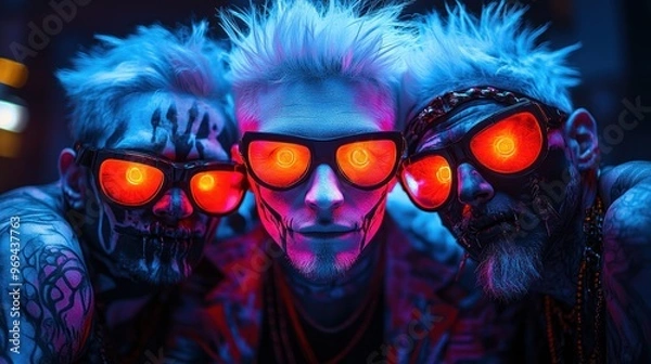 Obraz Three punk styled men under neon lighting