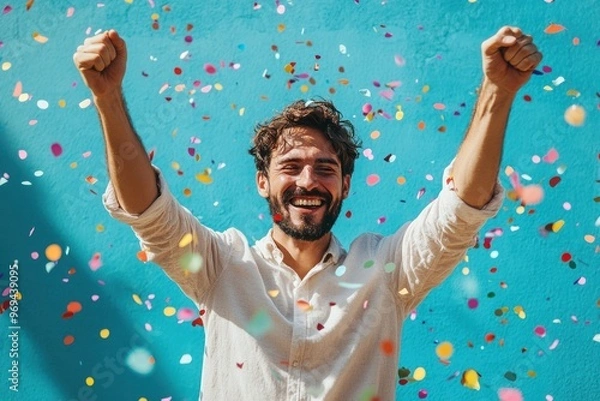 Obraz Man celebrating with raised arms and confetti.