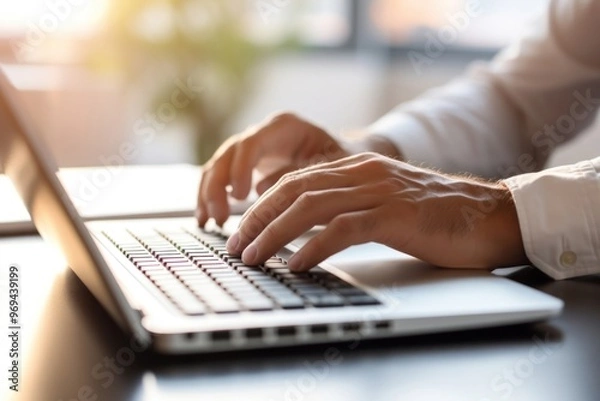 Obraz Typing on a keyboard computer laptop hand.