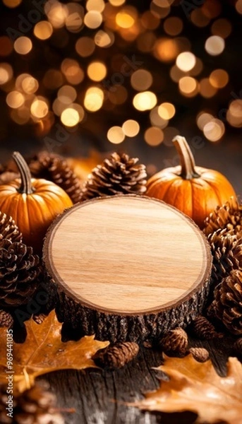 Fototapeta A Thanksgiving outdoor event in a forest clearing, with a wooden podium surrounded by pinecones, leaves, and pumpkins