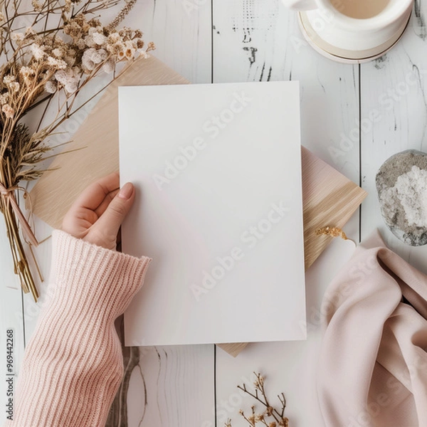 Fototapeta Mockup photo of a woman's hand holding a white paper. Autumn and Winter objects on the wooden table
