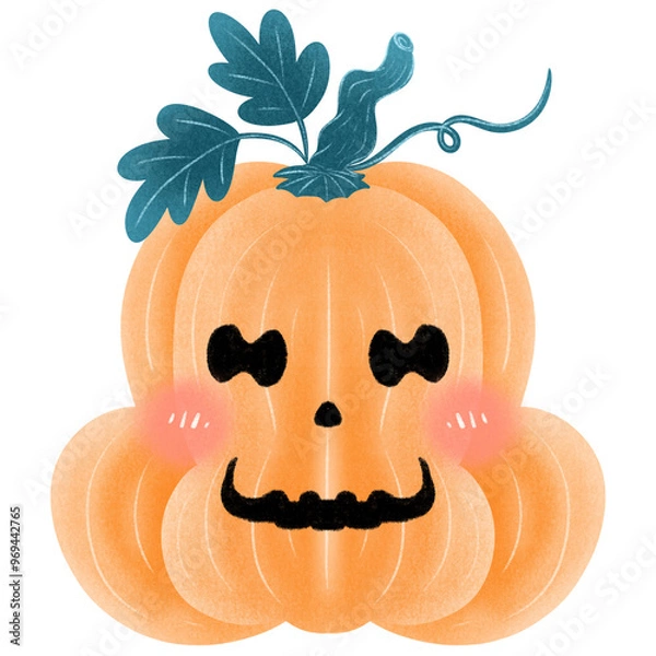 Obraz spooky face with leaves. Collection orange pumpkins with scary spooky smile Halloween.