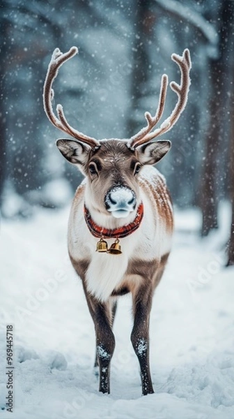 Obraz Festive reindeer with bells, prancing through a snowy forest