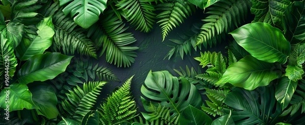 Obraz A tranquil array of vibrant green leaves envelops a central area, celebrating the diversity of tropical plants and the peacefulness of nature