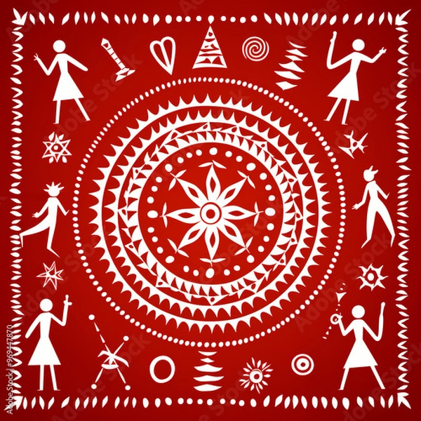 Fototapeta Warli painting ,Blackboard doodle seamless pattern with people silhouette vector icons, tile ,fabric pattern ,Generated By Ai