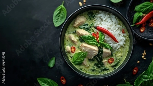 Fototapeta A bowl of creamy, spicy Thai green curry with chicken, served with jasmine rice, fresh basil, and chili peppers, set against a dark, moody backdrop.