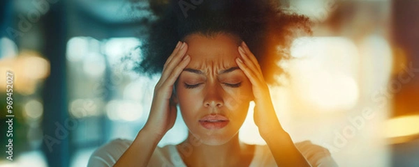 Fototapeta Horizontal image, portrait of a woman suffering from headache. Migraine headache concept. For banner, design, clinic, linkedin, blog, social media, thumbnail, cover. Copy space for text