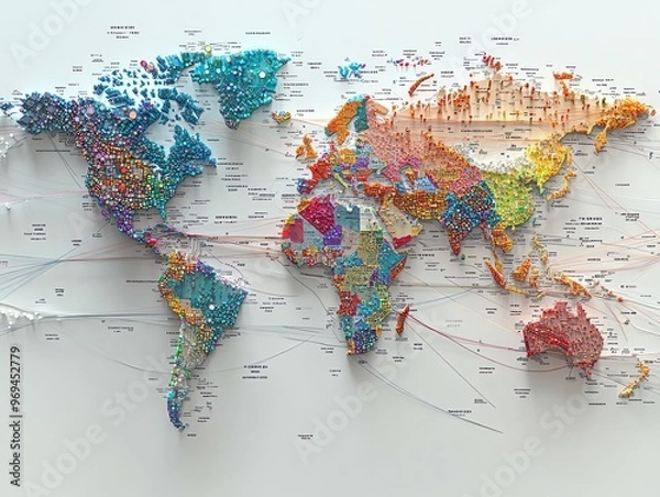 Fototapeta A colorful 3D world map with connecting lines, a modern perspective.